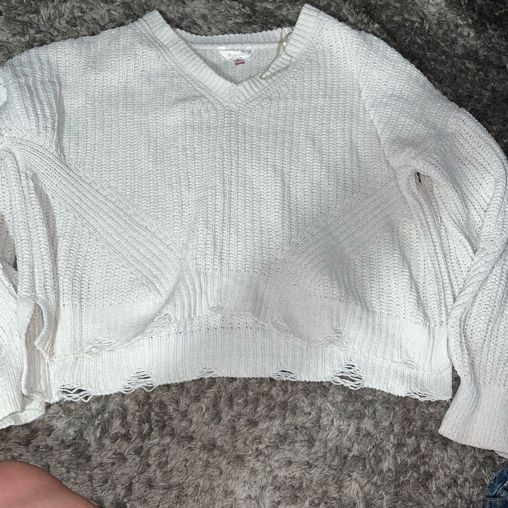 White Knit V-Neck Sweater
